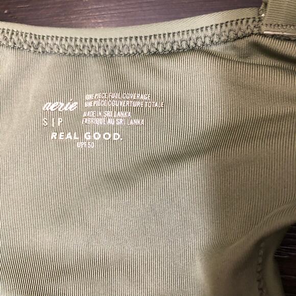 Aerie Cut Out Full Coverage One Piece Swim suit olive green with pink dots sz s - Picture 8 of 8